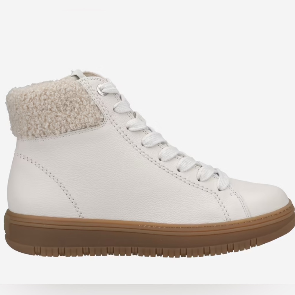 warm hightop leather sneaker. Off white leather.